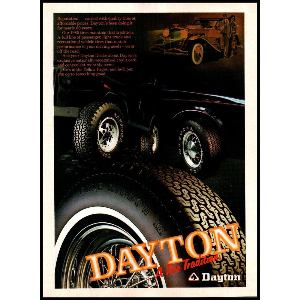 1985 Dayton Tires Daytona Radial Vintage Print Ad Car Truck Tire Man Cave Art